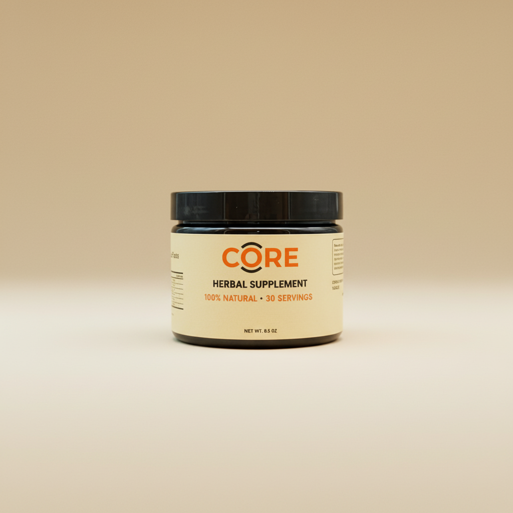 Jar of Core Herbal Supplement on a beige background