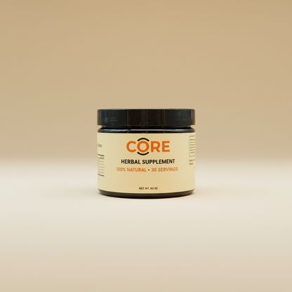 Jar of Core Herbal Supplement on a beige background