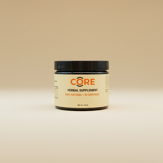 Jar of Core Herbal Supplement on a beige background