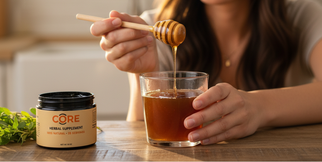 Person pouring honey into a glass of tea with a Core supplement jar on a wooden table.
