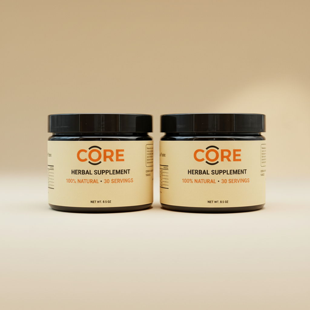 Two jars of CORE herbal supplement on a beige background