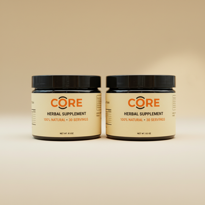 Two jars of CORE herbal supplement on a beige background